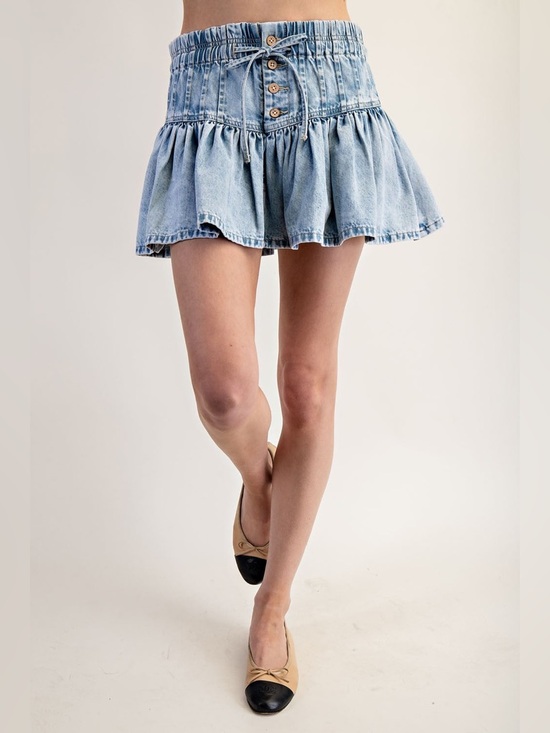 eesome Dresses & Skirts - Ruffle Flared Denim Mini Skirt with Elastic Waist - eesome